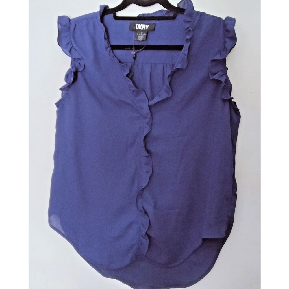 DKNY Women's Royal Blue Ruffle V-Neck Sleeveless Chiffon Blouse Top - Size XL